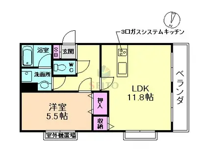 ハイツササベ(1LDK/3階)の間取り写真