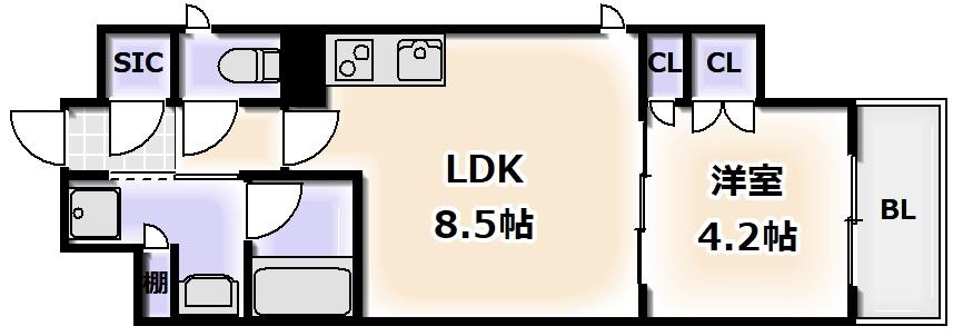 CITY CURRENT TENNOJI BROADシティカレント天(1LDK/3階)の間取り写真