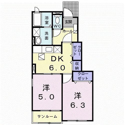 ソレイユA(2DK/1階)の間取り写真