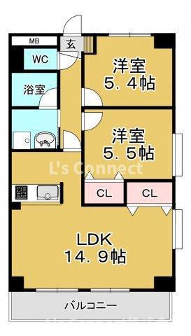 リヴィエル八乙女(2LDK/2階)の間取り写真