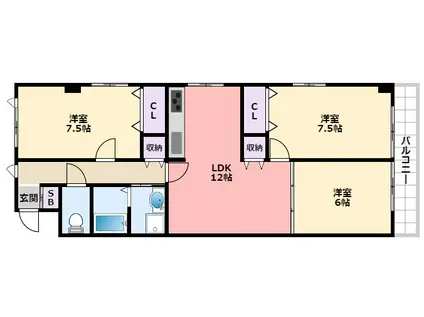 ハイツ西夙川(3LDK/3階)の間取り写真
