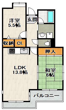 グランドムール宝塚売布南(2LDK/4階)の間取り写真