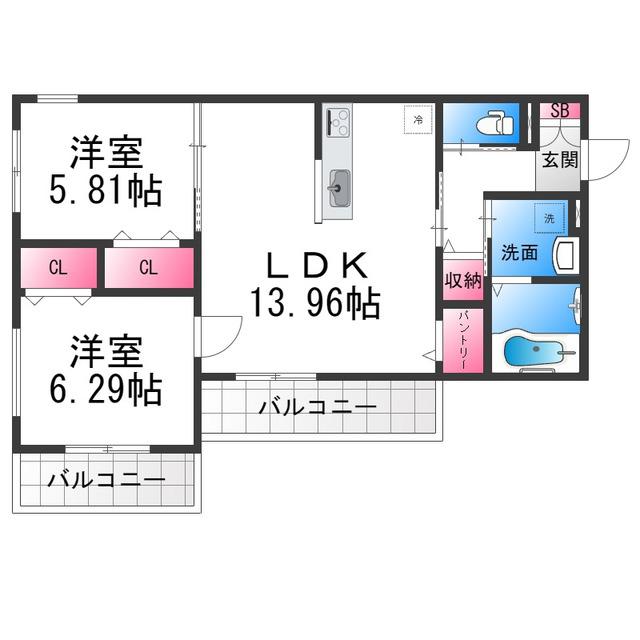 堺市堺区夕雲町1丁目(2LDK/3階)の間取り写真
