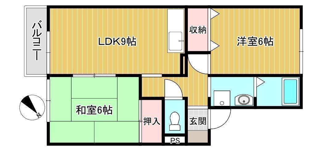 モノクローム古城(2LDK/1階)の間取り写真