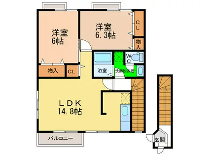 サンシェールA・B(2LDK/2階)の間取り写真