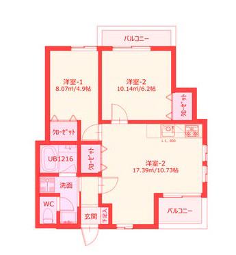 上大岡ヒルズイースト(2LDK/3階)の間取り写真