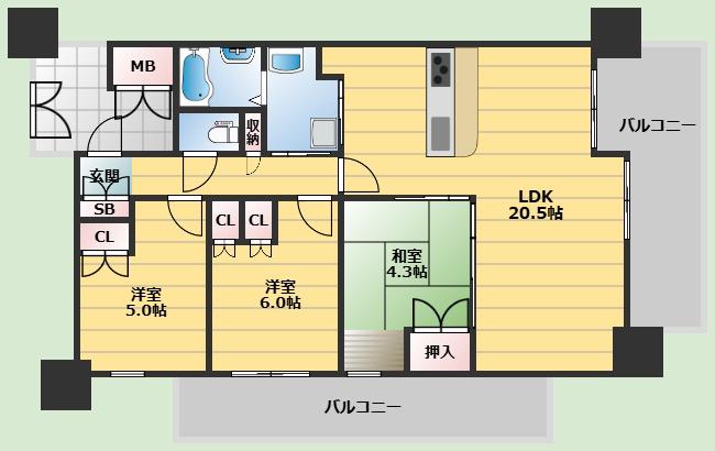 サンメゾン緑地公園アベニュー(3LDK/5階)の間取り写真