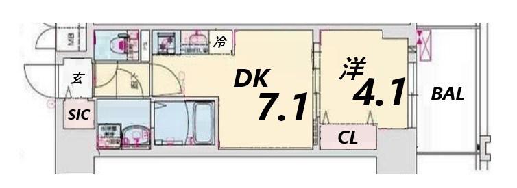 プレサンス神戸セレスティア(1DK/4階)の間取り写真