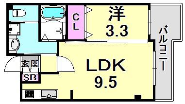 エメラルドオーシャン西宮(1LDK/2階)の間取り写真