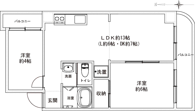 ヒルサイドハイツ(2LDK/2階)の間取り写真