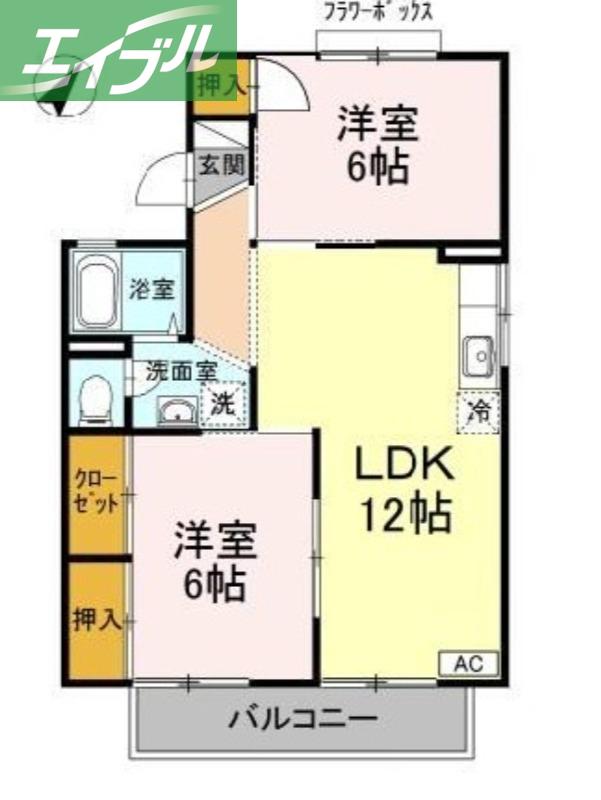 ハイツNINOWARI A棟(2LDK/2階)の間取り写真