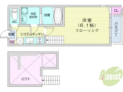 アリッサム東仙台(1K/1階)の間取り写真