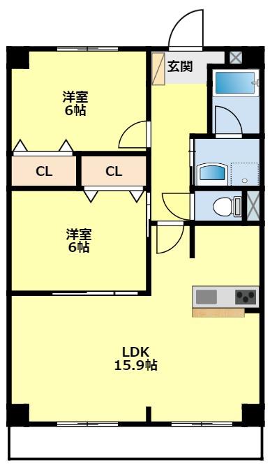 萩野マンション B棟(2LDK/1階)の間取り写真