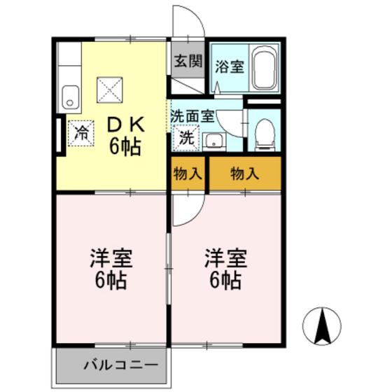 クレールシャトー吉田B棟(2DK/1階)の間取り写真