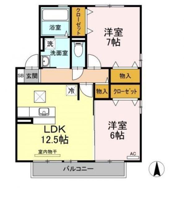 フェリス高柳 B棟(2LDK/1階)の間取り写真