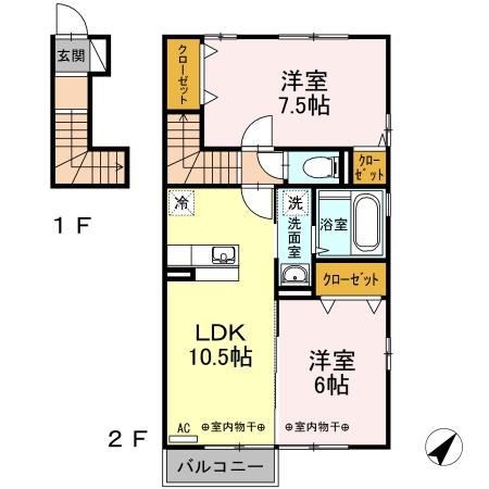 プレジール町新 B棟(2LDK/2階)の間取り写真