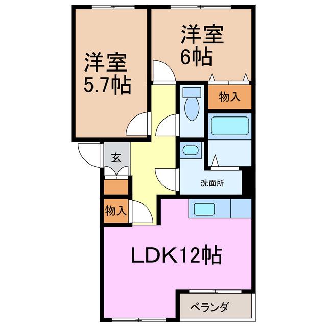 グリーンヒルズ上ノ山(2LDK/2階)の間取り写真