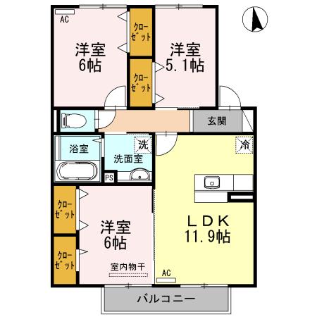 ハルブラッサム富の原 A棟(3LDK/2階)の間取り写真