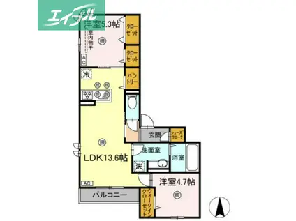 プレミール北長瀬(2LDK/2階)の間取り写真