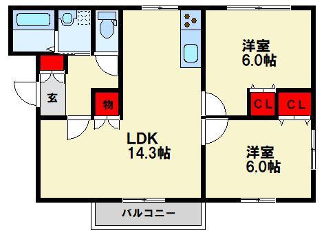 ソレイル石坪(2LDK/1階)の間取り写真