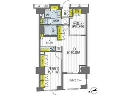 イニシアイオ新宿夏目坂(2LDK/2階)の間取り写真