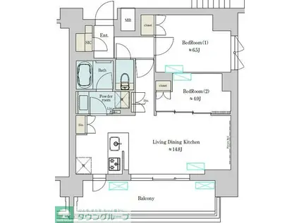BRILLIA IST 上野稲荷町(2LDK/13階)の間取り写真