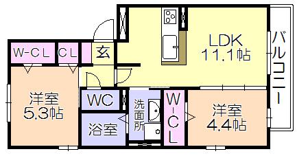 オッツ梅満II A棟(2LDK/2階)の間取り写真