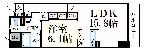 キャッスルコート博労町(1LDK/6階)の間取り写真