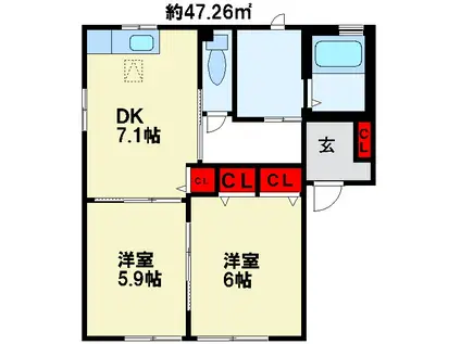 咲ら坂HI H棟(2DK/1階)の間取り写真