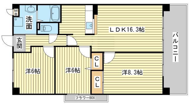 ヒルサイドテラス北平野(3LDK/2階)の間取り写真