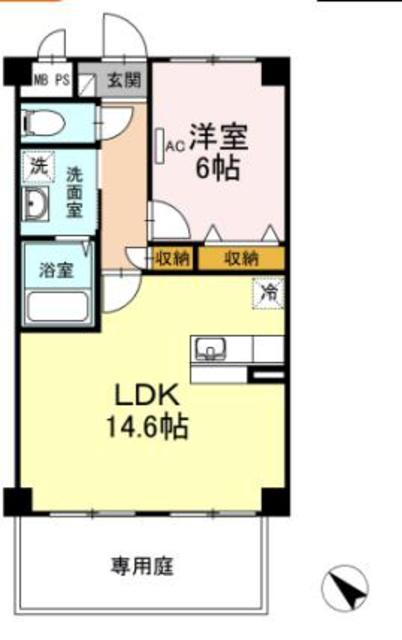 ジ・エレガンス城山(1LDK/1階)の間取り写真