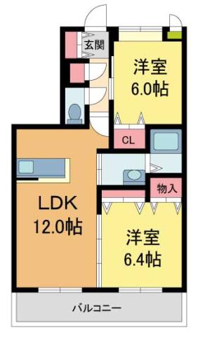ベレオ宝塚 B棟(2LDK/2階)の間取り写真