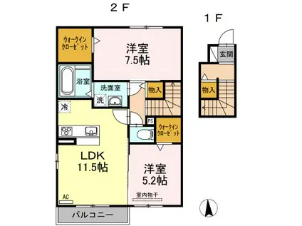 ラフィーネ・デュオII B棟(2LDK/2階)の間取り写真