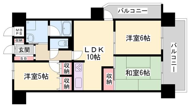 加古川グリーンシティA棟(3LDK/2階)の間取り写真