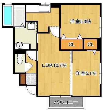 リバーパーク徳吉東 A棟(2LDK/1階)の間取り写真