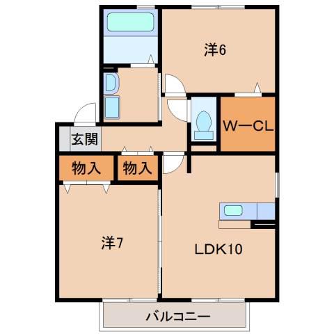 ウィルモアシャトーB棟(2LDK/2階)の間取り写真