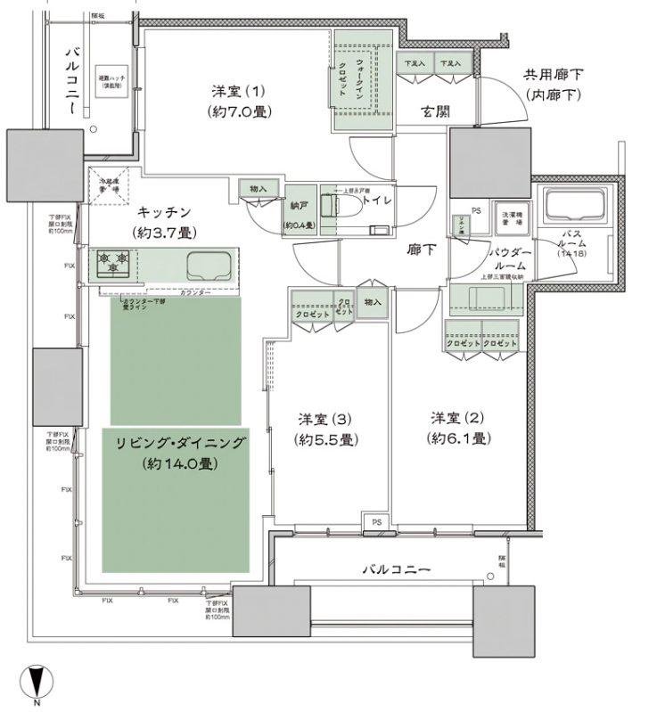 シティタワー大阪本町(3LDK/36階)の間取り写真