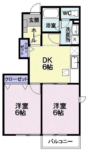 リッチオークヒルズB(2DK/1階)の間取り写真