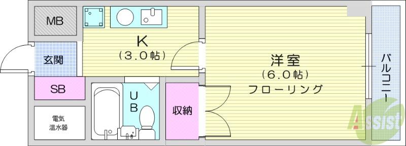 グレイスハイツ長町(1K/2階)の間取り写真