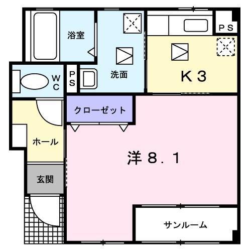 カーサセレッソ弐番館(1K/1階)の間取り写真
