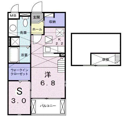 ウエストヒルパーシモン(1SK/2階)の間取り写真