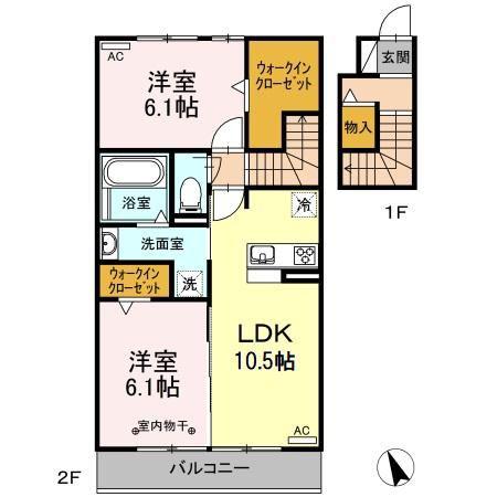 ハイム ルーエ厚原東/アクシス厚原 ハイム ルーエ厚原東 A(2LDK/2階)の間取り写真