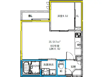 熊本市中央区坪井5丁目(1LDK/1階)の間取り写真