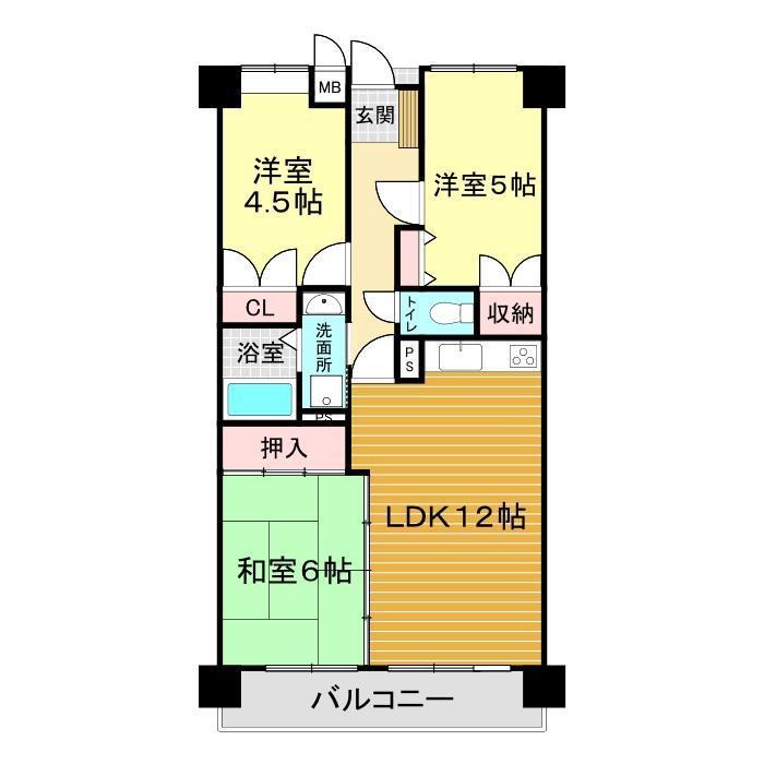 パレス新下関(3LDK/4階)の間取り写真