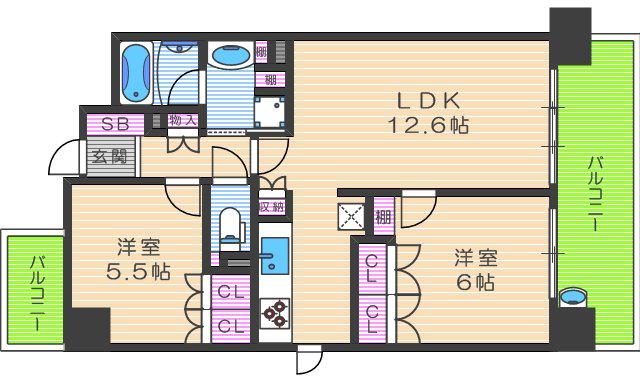 リーガル西天満Ⅱ(2LDK/6階)の間取り写真