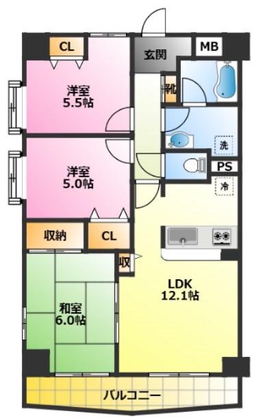 グランドコスモ千歳(3LDK/3階)の間取り写真