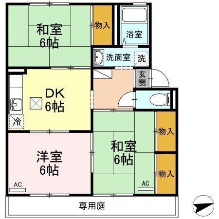 サリネージュ山手 E/F棟 F(3DK/1階)の間取り写真