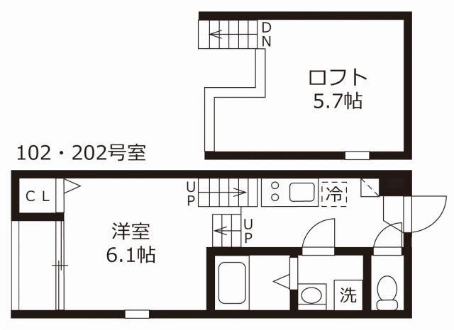 ハーモニーテラス鶴田II(1K/2階)の間取り写真