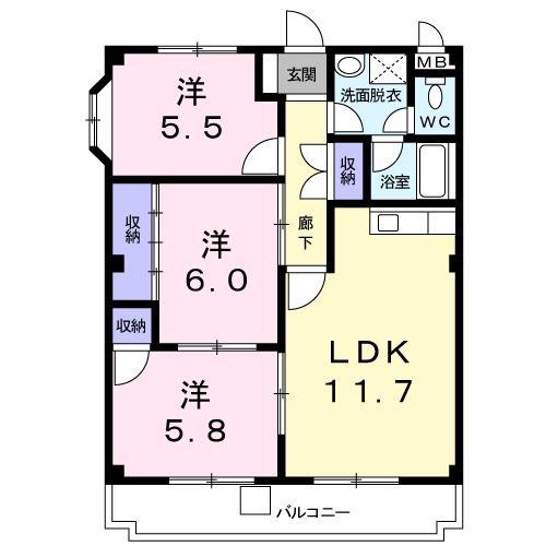 グランドール オミヤ(3LDK/3階)の間取り写真