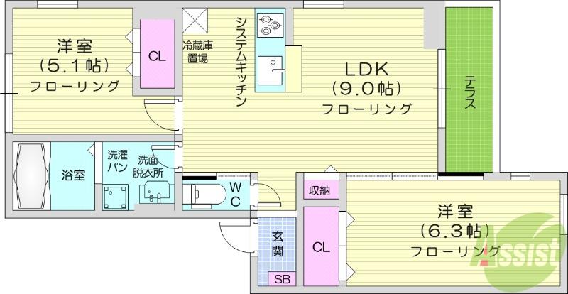 ルリアン小田原(2LDK/1階)の間取り写真